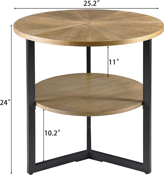 Round End Table with Storage Shelf, 25in Circel Accent Side Table with Metal Legs, 2-Tier Industrial Sofa Side Table for Living Room Bedroom, Yellowish Brown
