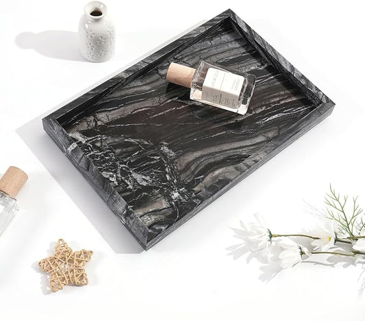 Yew & Tulip Natural Marble Vanity Tray, Nature Dark Woodgrain Marble Serving Tray for Bathroom, Kitchen, Vanity, Home Decor, Wedding etc. (12"x 8" x 1.2")