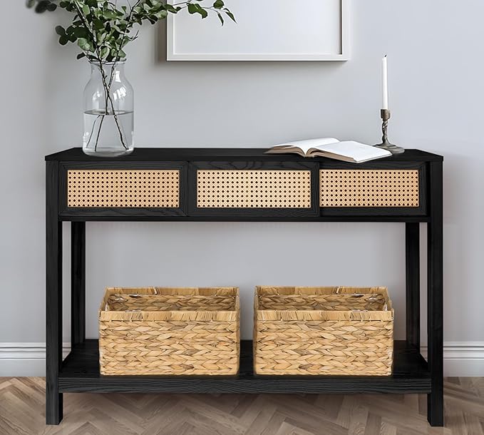 ZYBT Long Console Table, Rattan Entry Table, Console Tables for Entryway, Narrow Wood Console Table with Storage, Black Couch Table Hallway Table Boho Sofa Table for Living Room