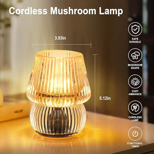 Battery Operated Lamp with Timer, Small Cute Cordless Glass Table Lamp for Home Decor, Kitchen, Bathroom, Birthday Gift for Women, Mushroom, Amber
