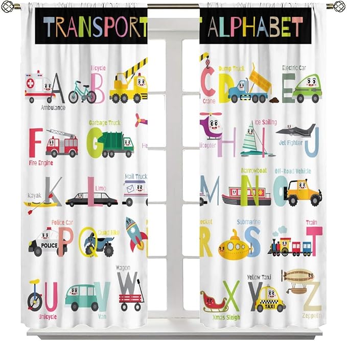Alphabet Curtains,Catoon Transportation Pattern Blackout Print Window Drapes for Kids Bedroom Living Room 52x84 Inch