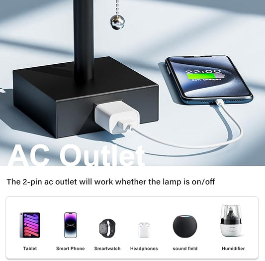 Grey Bedside Lamps for Bedroom Set of 2 - Small Nightstand Lamp with AC Outlet Charging Port, 3 Color Temperatures Rectangular Desk Light with Bulb, Tabletop Reading Lamp for Living Room/Dorm/Office