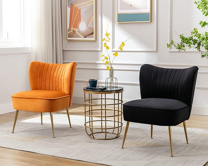 Velvet Accent Chairs Set of 2 for Comfy Living Room Armless Slipper Chair Mid Century Side Chair Single Sofa with Golden Legs Wingback for Bedroom Guest Room, Orange