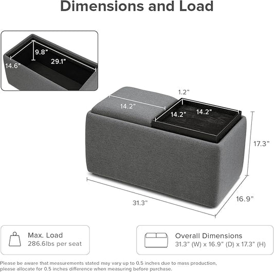 mopio Levi Storage Bench with Reversible Tray, Modern Storage Coffee Table, Bedroom Bench, Rectangular Cube Upholstered Coffee Table Ottoman for Living Room, Bedroom, Entryway (Fabric, Dark Gray)