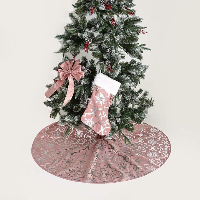 Flash World 36 Inch Large Christmas Tree Skirt Xmas Soft Cover Mat Decor Snowflake Collar Farmhouse Tree Skirt for Holiday Ornaments Party Home Indoor Decorations (Pink, 36INCH)