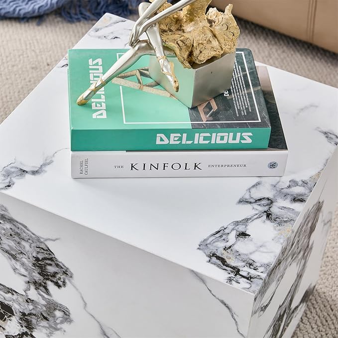 Side Table, End Table with White Marble Grain, Modern Beside Sofa Couch Tables, Cube Accent Living Room Table, Bedside Table Nightstand for Small Spaces, Bedroom