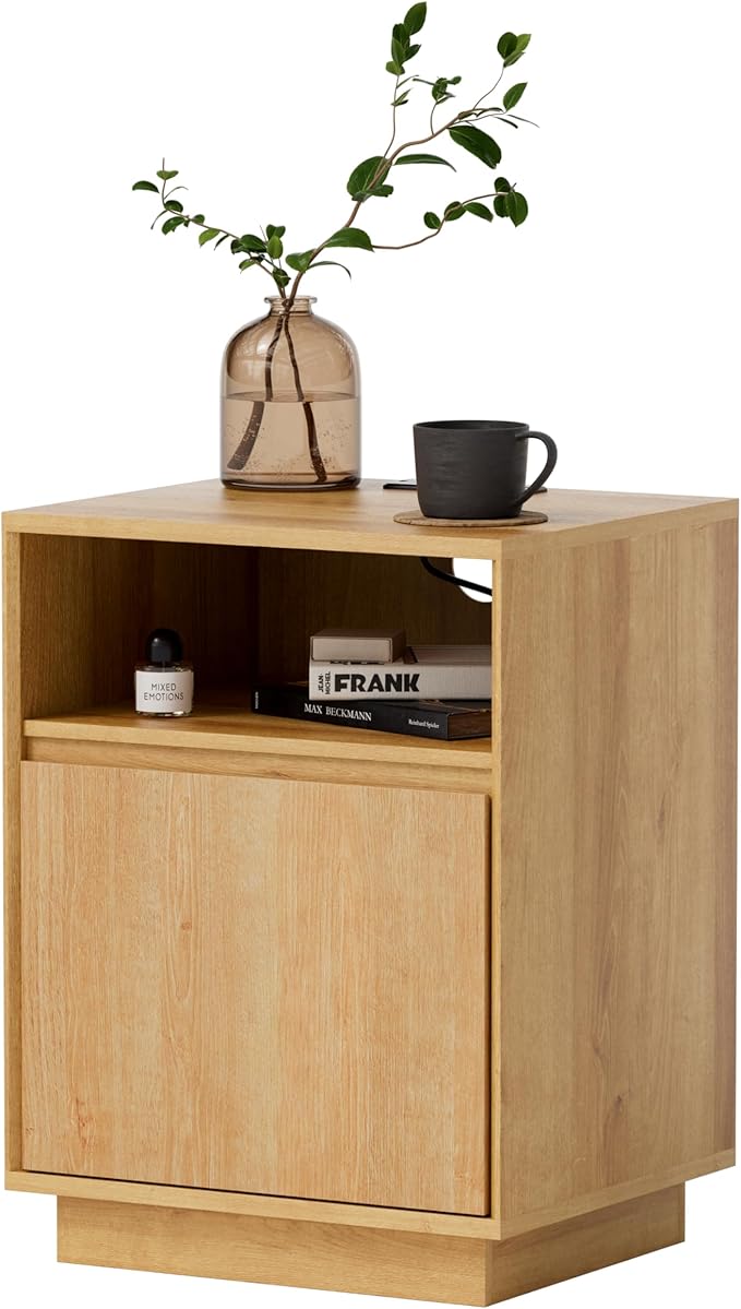 Farmhouse Nightstand with Door, Wood Storage End Table with Charging Station & Open Shelf, Bedside End Tables for Bedroom, Sofa, Natural Oak