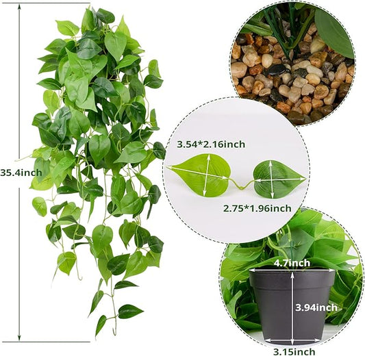 LOYWREE 35.4in Artificial Plants in Black Pot Realistic Fake Hanging Potted Greenery with Faux Ivy Vine & Pothos - Ideal for Shelf, Home, Office, Indoor & Outdoor Garden Decor