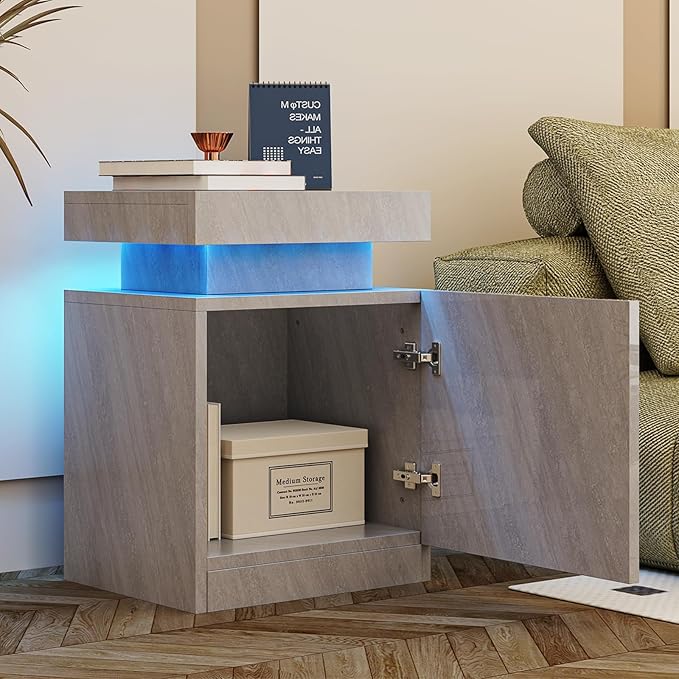 oneinmil LED Nightstands Set of 2, Night Stand with Storage Cabinet for Bedroom, Bedside Table with LED Lights, Modern End Side Table, Grey