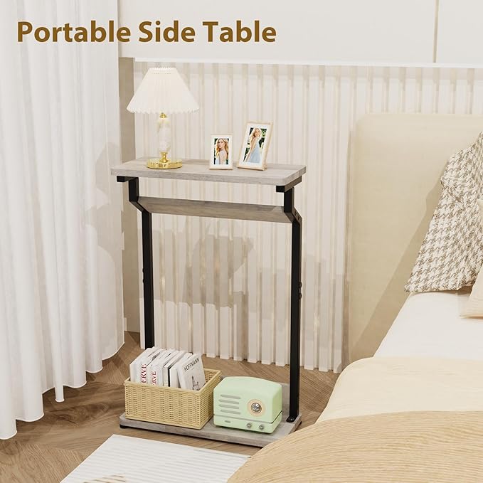 Narrow Side Table for Small Spaces, 2-Tier Farmhouse Small End Table, Slim TV Tray Couch Table Skinny Thin End Tables for Living Room Bedroom, Grey