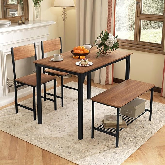 Tangkula Dining Table Set for 4, Kitchen Table and 2 Chairs for 4 with Bench, 4 Piece Dining Table Set for Small Space, Apartment