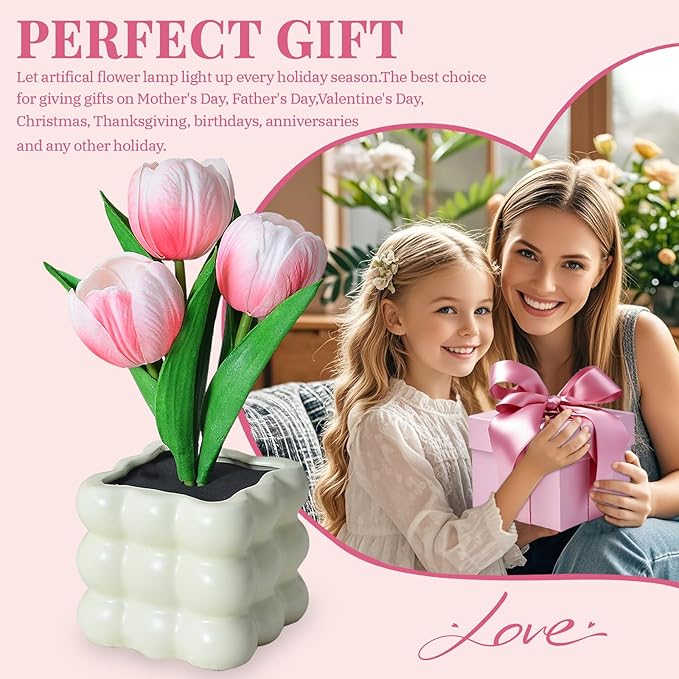 Flower Table Lamp, Tulip Desk LED Night Light for Home Living Room Decor, Artificial Flower with Vase Lamp, Table Centerpieces for Holiday Party Wedding Room Decoration (Pink Tulip - Button Battery)