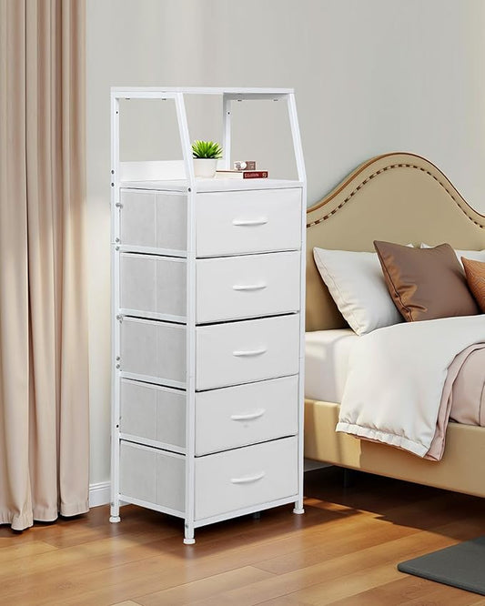 Dresser for Bedroom, Fabric Nightstand Tall Dresser & Chests of Drawers with 5 Drawers, Vertical Organizer Storag, Hallway, Entryway White