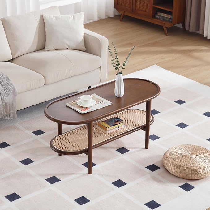 Modern Rattan Coffee Table, 39.5 Oval Walnut Wood Coffee Table with Storage Shelf for Living Room, 2-Tier Center Table Entryway Table Side Table Nightstand for Bedroom Office Small Space Cafe