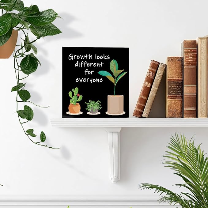 LVQHI Black Inspirational Wood Block Sign,Growth Looks Different for Everyone Plant Motivational Wooden Block Sign for Home Bedroom Office Desk Table Decor,Inspirational Cheer Up Gift for Coworker