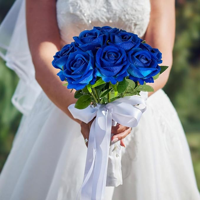 10 PCS Artificial Roses with Long Stems Silk Flowers Realistic Foam Flowers Fake Roses for Valentine's Day Home Wedding Halloween Decor(Blue)