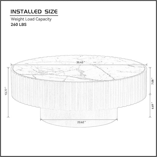 35.43" Round Coffee Table,Modern Handcraft Relief Drum Circle Wood Side End Accent Center for Living Room, Apartment, Walnut