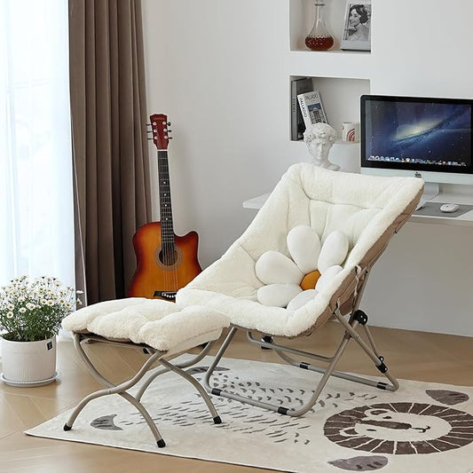 Living Room Chair, Soft Faux Fur Folded Chair Oversized Folding Accent Chair, Furry Lounge Lazy Chair, Metal Frame Moon Chair for Bedroom, Living Room