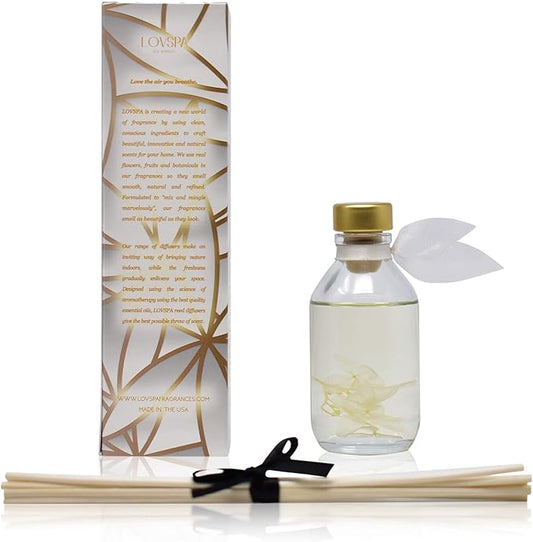 LOVSPA Reed Diffuser Set, Amber Romance Scented Oil Diffuser with Sticks, Home Fragrance Accessories for Bathroom Shelf Decor, Aroma Diffusers for Home or Office Fall Decor, USA Made