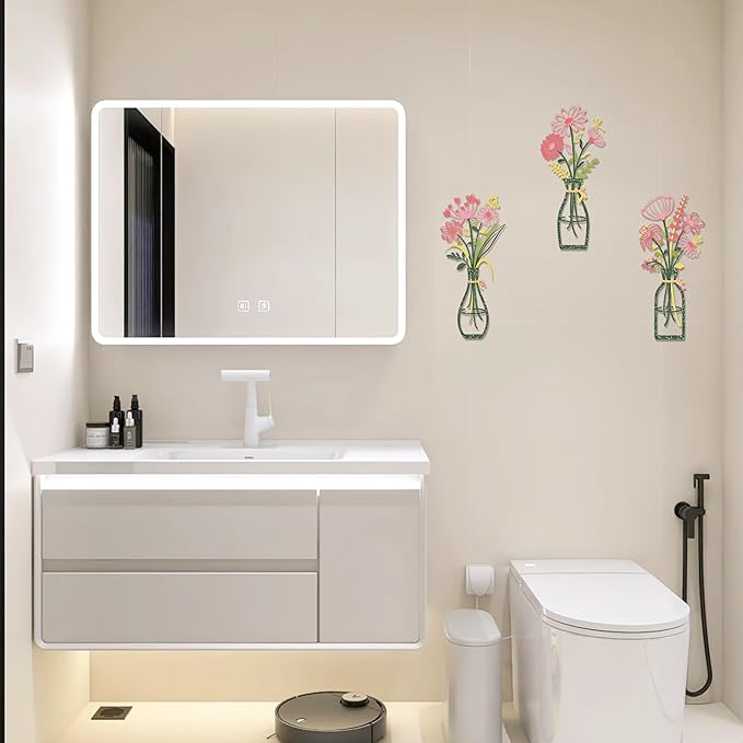 Iron Metal Vase Flower Wall Art Set of 3 - Minimalist Black Floral Decor for Living Room Bedroom Kitchen, Office Garden - Modern Farmhouse Home Decor & Housewarming Gifts (Green-Pink)