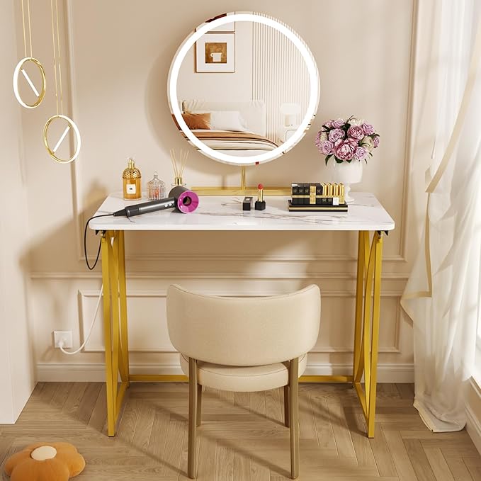 Folding Desk, 31.5" Small Desk for Bedroom with Power Outlet, Space Saving Foldable Computer Desk for Home Office, Easy Assembly, White and Gold