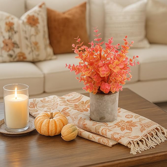 2 Pack Fall Small Fake Plants Eucalyptus Potted Artificial Plants Fall Decorations for Home Shelf Office Bathroom Desk Farmhouse Room Coffee Table Decor Fall Decor (Fall Orange)