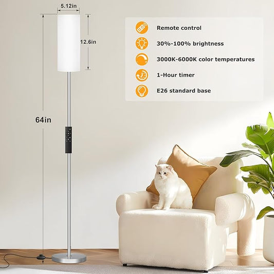 Ambimall 64'' Floor Lamps for Living Room with Remote Control and Stepless Dimmable Colors Temperature & Brightness, 9W Bulb Included(White Lampshade & Silver Pole)