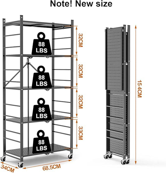Himix Storage Shelves with 20 Hooks, 5-Tier Foldable Shelves for Storage, Folding Shelf Unit Pantry Shelves Bookshelf with Wheels, Vendor Display Racks for Craft Shows, Home, Grey - No Assembly