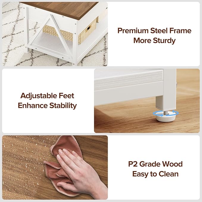 Lift Top Coffee Table,Lift Coffee Table with Storage Shelf and Large Hidden Compartment for Living Room,Lifting top Coffee Tables for Small Space,White + Walnut