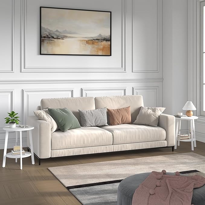 Side Table, Small Round End Table with Storage Shelf for Small Space, 2-Tier Bedside Table Sofa Couch Table, Round Accent Table Nighstands for Living Room, Bedroom,White