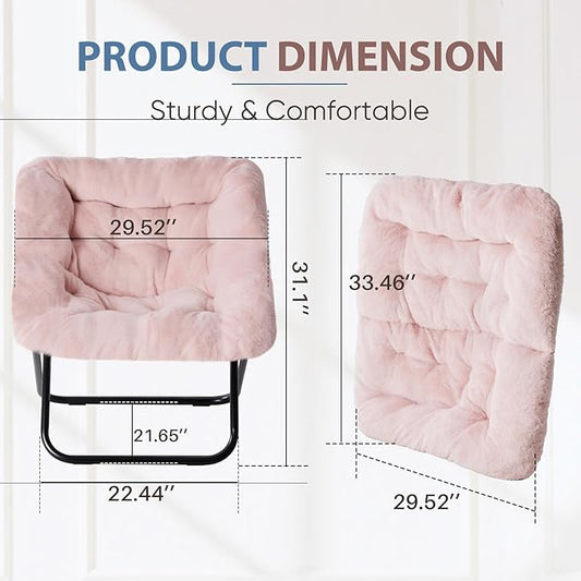 DUMOS Comfy Chair for Adults, Soft Faux Fur Folding Lounge for Bedroom Living Room Dorm Rooms Flexible Reading Chair for Teens, Large Size Foldable (Square-Blush)