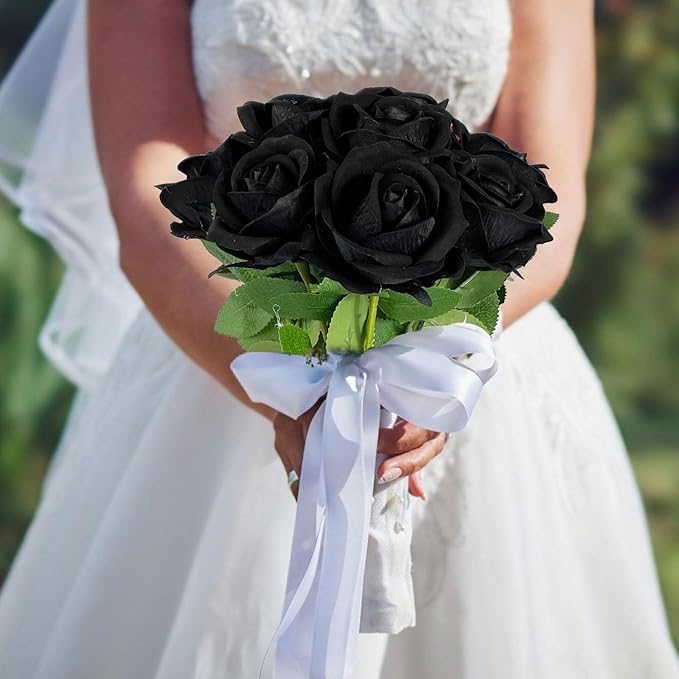 10 PCS Artificial Roses with Long Stems Silk Flowers Realistic Foam Flowers Fake Roses for Valentine's Day Home Wedding Halloween Decor(Black)