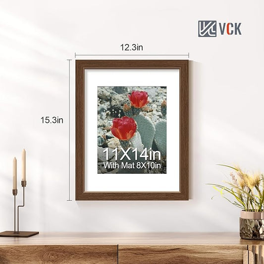 VCK 11x14 Picture Frame 2 Pack - Brown, High-End Wood Poster Frames with Tempered Glass, Display 8x10 Photo with Mat or 11x14 without Mat, Art Gallery-Quality, Wall Hanging, Brown