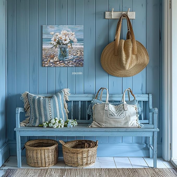 YUEYARIT Bathroom Wall Decor Beach Wall Art Ocean Theme Blue Picture Canvas Print Modern Coastal Artwork Framed Hanging Dining Office Living Room