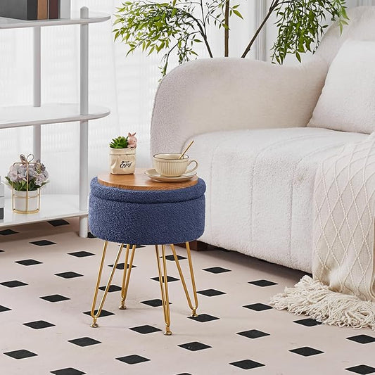 Wimarsbon Storage Ottoman,Teddy Velvet Vanity Stool,Soft Padded Seat,Round Footrest with Removable Cover and Adjustable Legs,Modern Decorative Accent Footstool or End Table for Hallway (Grey-Blue)