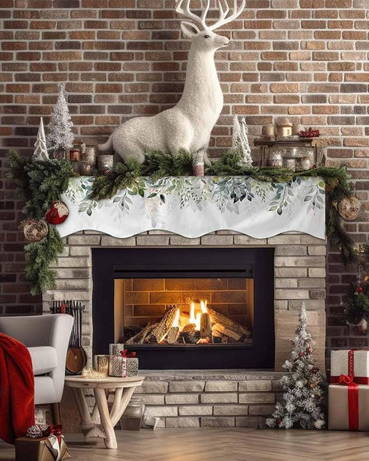 Sage Green Mantle Scarf 60 x 17 Inch, Watercolor Plant Leaves Fireplace Mantel Scarf Farmhouse Botanical Mantel Cover Runner for Daily Use, Seasonal Holiday, Home Party, Indoor Outdoor Decor