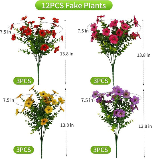 12 Bundles Artificial Flowers for Outdoor Indoor Fake Flowers UV Resistant Artificial Outdoor Flowers Fake Plants Faux Flower for Porch Garden Home Patio Decor Home ((Mix Pink Red Purple Yellow))