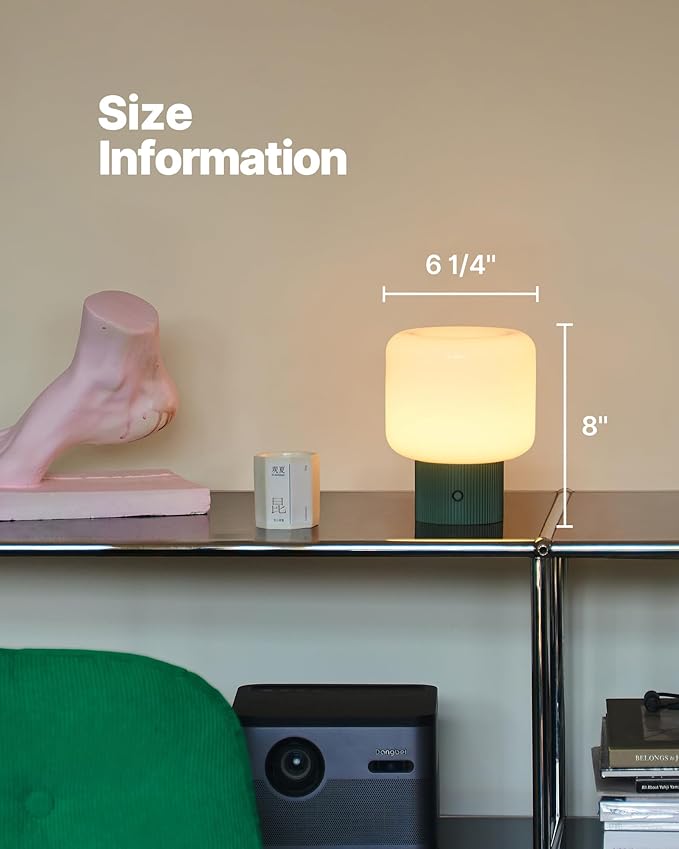 Halo Mushroom Lamp, 5W Cute Cordless Rechargeable Table Lamp with Glass Shade, 3 Color Temps LED Dimmable Ambient Lighting, Small Retro Touch Bedside Light for Bedroom Decor, Vintage Green