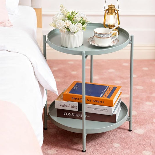 HollyHOME 2-Tier Round Side Table, Outdoor Small Folding Accent Stand with Removable Tray, Anti-Rust Metal Asional Table for Balcony Patio Living Room, Nightstand for Bedroom(Cyan Blue)