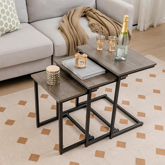 Tangkula Nesting Table Set of 3, Rectangle Stacking Side End Table w/Wood Top & Metal Legs, Adjustable Foot Pads, C-Shaped Accent Coffee Tables for Small Spaces, Living Room (C-Shaped, Gray, 3-pc)