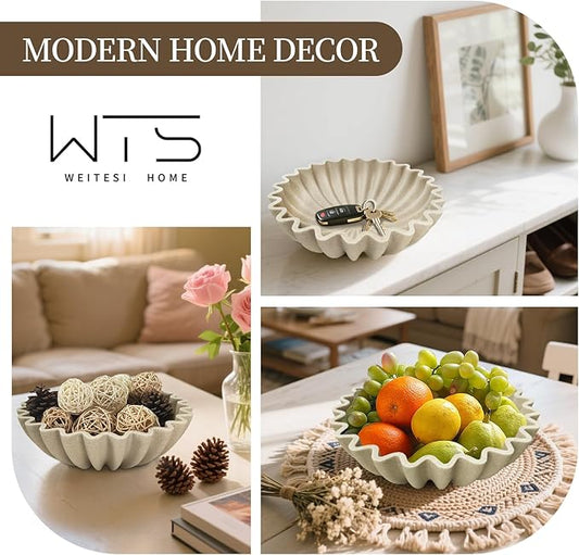 Decorative Fruit Bowl for Kitchen Counter, Large Decorative Bowl Modern Handicraft Bowl for Home Decor, Stylish Key Bowl for Entry Table, Coffee Table Decor, Home Decor Accent, Artificial Stone Beige