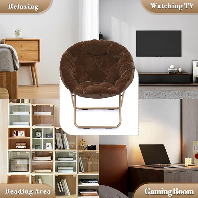 Athena Collection Comfy Saucer Chair Folding Cozy Chair for Bed Room Living Room Accent Chair Faux Fur Reading Chair Foldable Metal Frame Lazy Chair Moon Chair for Adult Set of 2, Brown