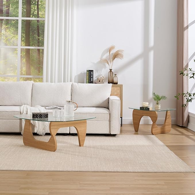 DUOMAY Modern Triangle Glass Coffee Table, 16 Inch High Glass Top Abstract Small End Table with Solid Natural Wood Base, Tea Table Suitable for Living Room, Office, Patio, Apartment, Brown Wood