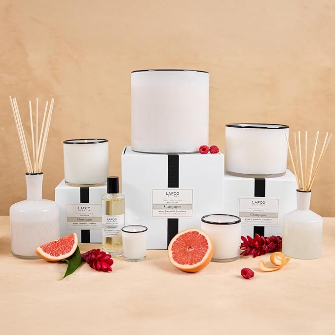 LAFCO New York Classic Reed Diffuser, Champagne - 6 oz - Up to 3 Months Fragrance Life - Reusable, Hand Blown Glass Vessel - Natural Wood Reeds - Made in The USA