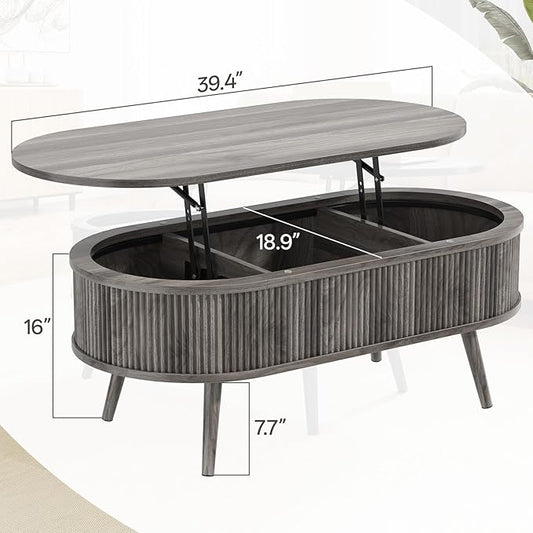 Mid Century Oval Coffee Table, Fluted Center Table with Lift Top, Modern Dining Table with Storage for Living Room Home Office, 39.4", Gray