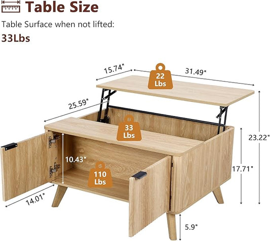 Fluted Lift Top Coffee Table with Large Hidden Compartment, 31.5” Wooden Center Table with Storage, Mid Century Modern Lift Tabletop Coffee Tables for Living Room Home Office, Natural