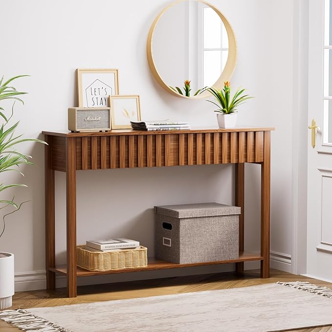 CHUWELL Entryway Console Table with 2 Fluted Drawers and Shelf, 47.2" Mid Century Entryway Table, Sofa Table for Living Room and Hallway (Brown)