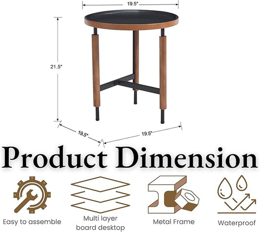 EALSON 19.5" Round Side Table Mid Cnetury Modern End Table for Couch Sofa with Black Metal Legs/Wood Top Vintage Accent Nightstand for Living Room Bedroom Small Spaces Office, Walnut