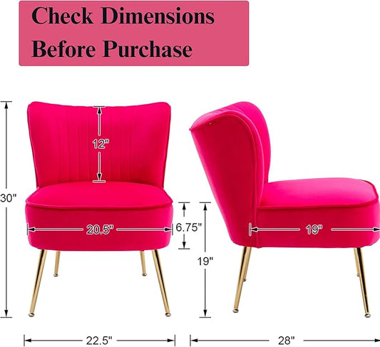 Velvet Accent Chair Set of 2 Comfy Living Room Chair Armless Slipper Chair Mid Century Side Single Sofa Chair with Golden Legs Wingback for Bedroom Guest Room, Hot Pink
