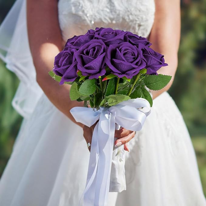 10 PCS Artificial Roses with Long Stems Silk Flowers Realistic Foam Flowers Fake Roses for Valentine's Day Home Wedding Halloween Decor(Dark Purple)